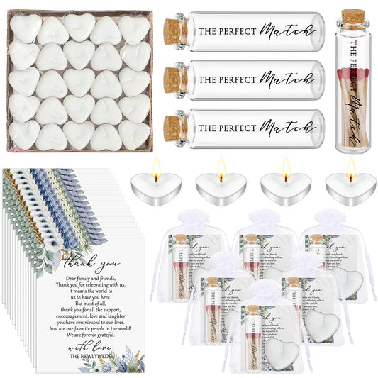Wovnet 50 Sets Wedding Party Favors for Guests Bulk Including Heart Shaped Candles and Empty Matches Jars with Cork Top Thank You Cards and Organza Bags for Wedding Bridal Shower Party (Blue Flower)