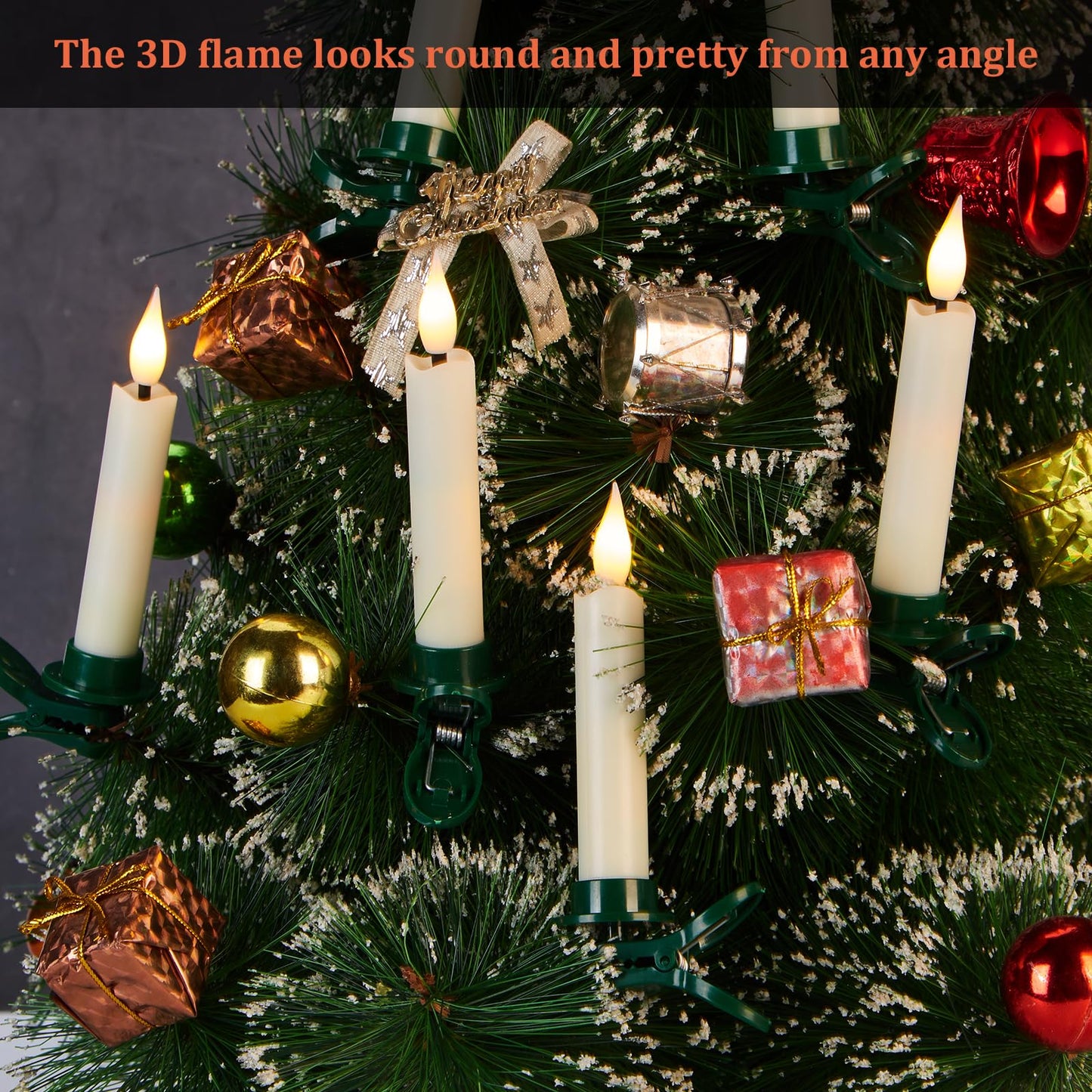IMAGE 12Pcs LED Taper Candles Light Set Flameless 3D Wick Ivory Candles with Clip-on Christmas Tree Design, 10-Key Remote with Timer, Warm White Light, Battery Operated for Versatile Decoration