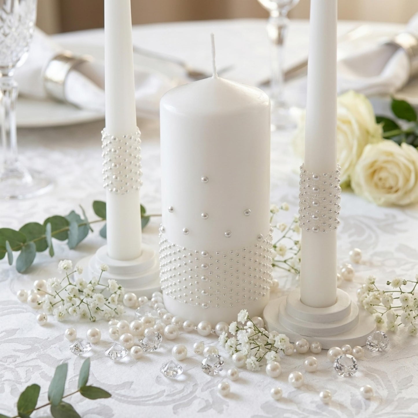 Magik Life Unity Candle Set - Wedding Ceremony & Reception Candle– 6” Pillar & Two 10” Taper Candles – Long Burning Unity Candles for Marriage Ritual – Handmade in USA – White |Pearls| Luxury