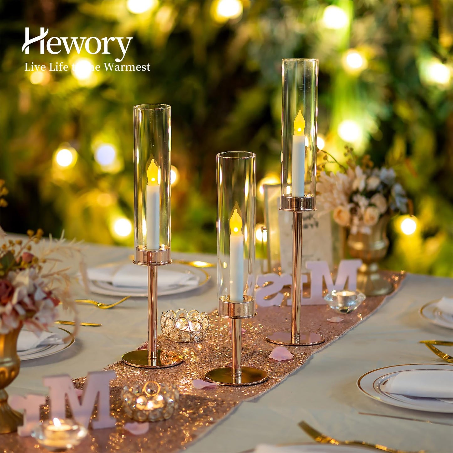 Hewory Gold Candle Holders Hurricane Candlestick Holders, 6Pcs Candle Stick Candle Holder Candelabra, Taper Candle Holders with Glass Candle Cover for Wedding Table Centerpiece Christmas Decor