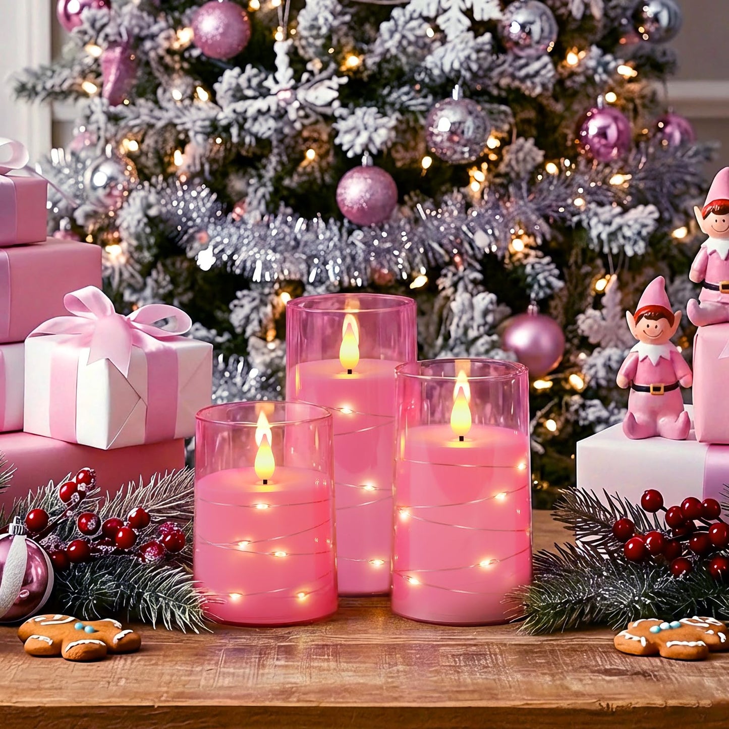 Homemory Flameless Pink Candles with Embedded Star String Fairy Lights, Battery Operated Candles, LED Candle, Fake Candles with Remote Control and Timer, Set of 3(H 4" 5" 6”)
