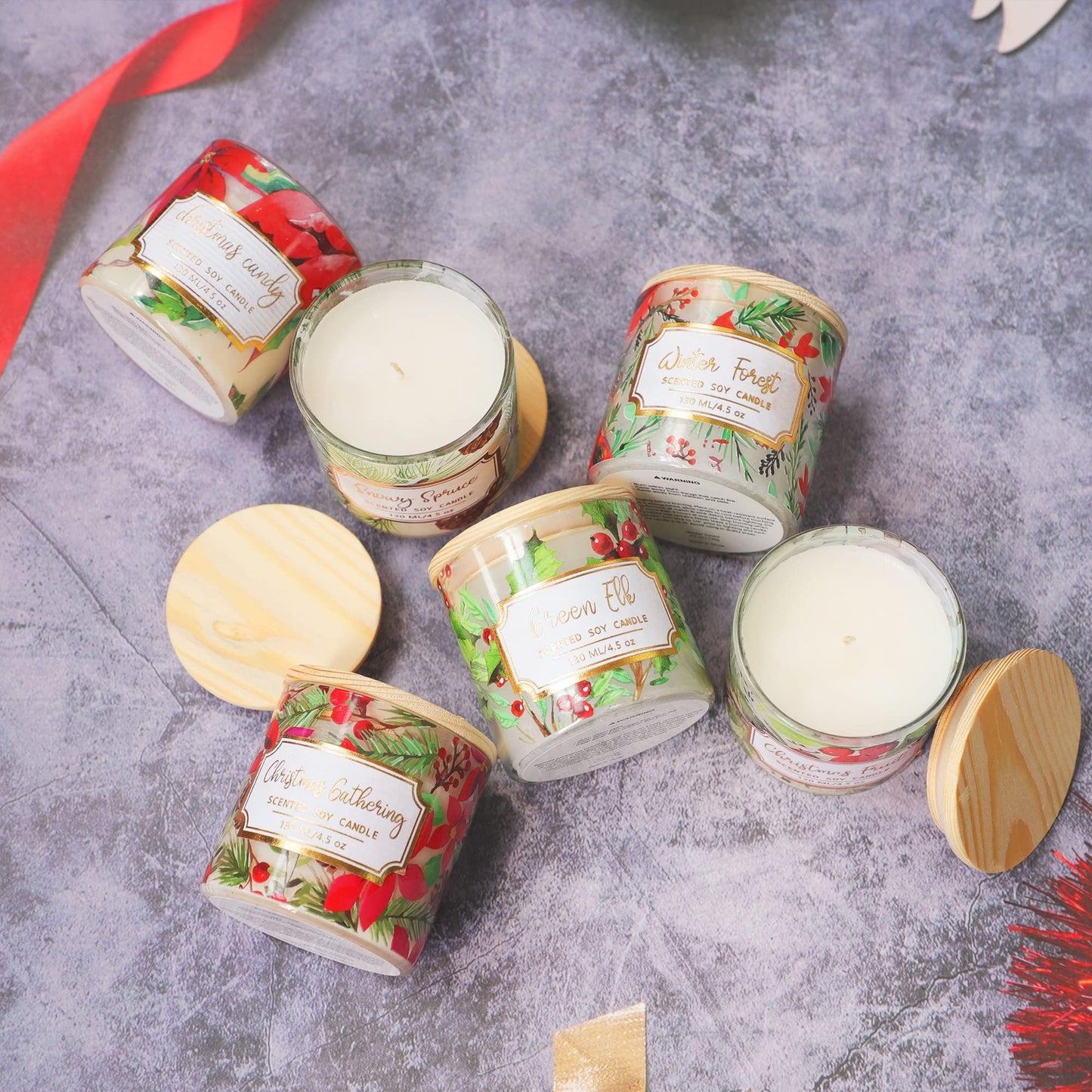 FLAVCHARM 6 Pack Christmas Scented Candles with Lid Soy Wax Strong Fragrance Different Scent Clean Burn Long Time Aromatherapy Glass Jar Candles for Home Scented Xmas Theme Decorations Gift Set