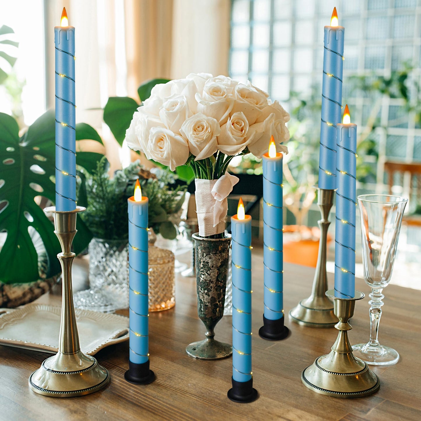 3 Pack Blue Dripping Wax Flameless Candles, Realistic Dynamic Flame LED Taper Candles with Surrounding Fairy String Lights, Remote Control Battery Operated Candles for Home Wedding Holiday Decor