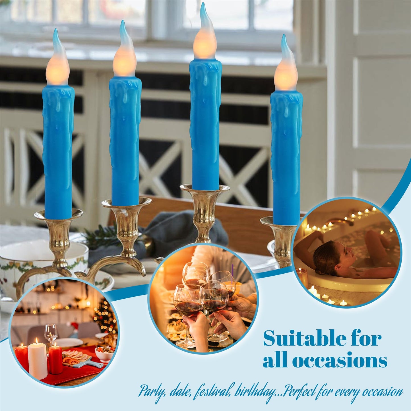 Gedengni Magical Candlesticks Flameless Taper Candle, 4pcs Real Wax LED Tapered Candles Remote Dipped Candle 6inch Battery Chandelier for Enchanting Weddings and Harry Potter Inspired Vigils(Blue)