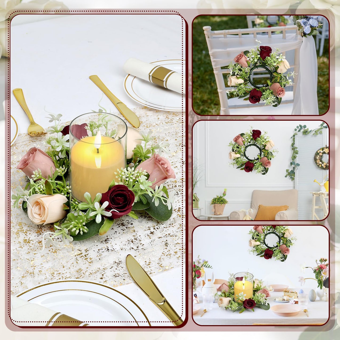 Tobilu 6 Sets Rose Candle Rings Wreaths - Artificial Flowers Rings with Green Leaves LED Flameless Candles for Centerpiece Wedding Home Banquet Party Decor, Burgundy Pink Champagne