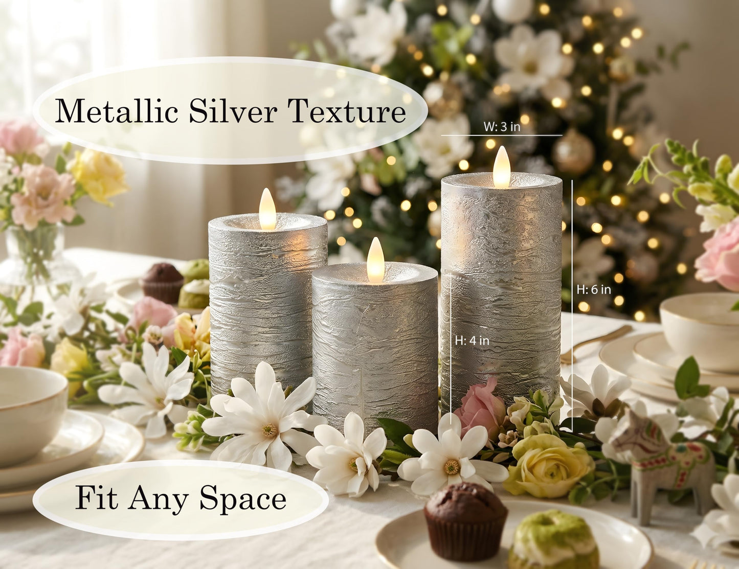 CozierGlow Shiny Metallic Silver Flameless Pillar Candles, Patented 3D Realistic Moving Flickering Flame with Remote Timer, Battery Operated 400hrs for Wedding, Holiday, Party, Decor, Gift(Set of 3)