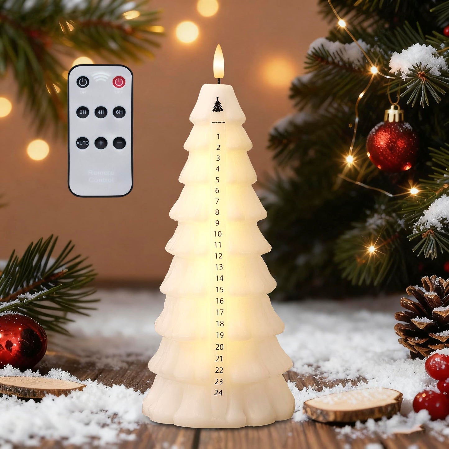 AFINETH Christmas Tree Candles with Remote, Real Wax Christmas Countdown Candle, Countdown to Christmas Battery Operated Candles, Xmas Flameless Advent Candle for Table Decor