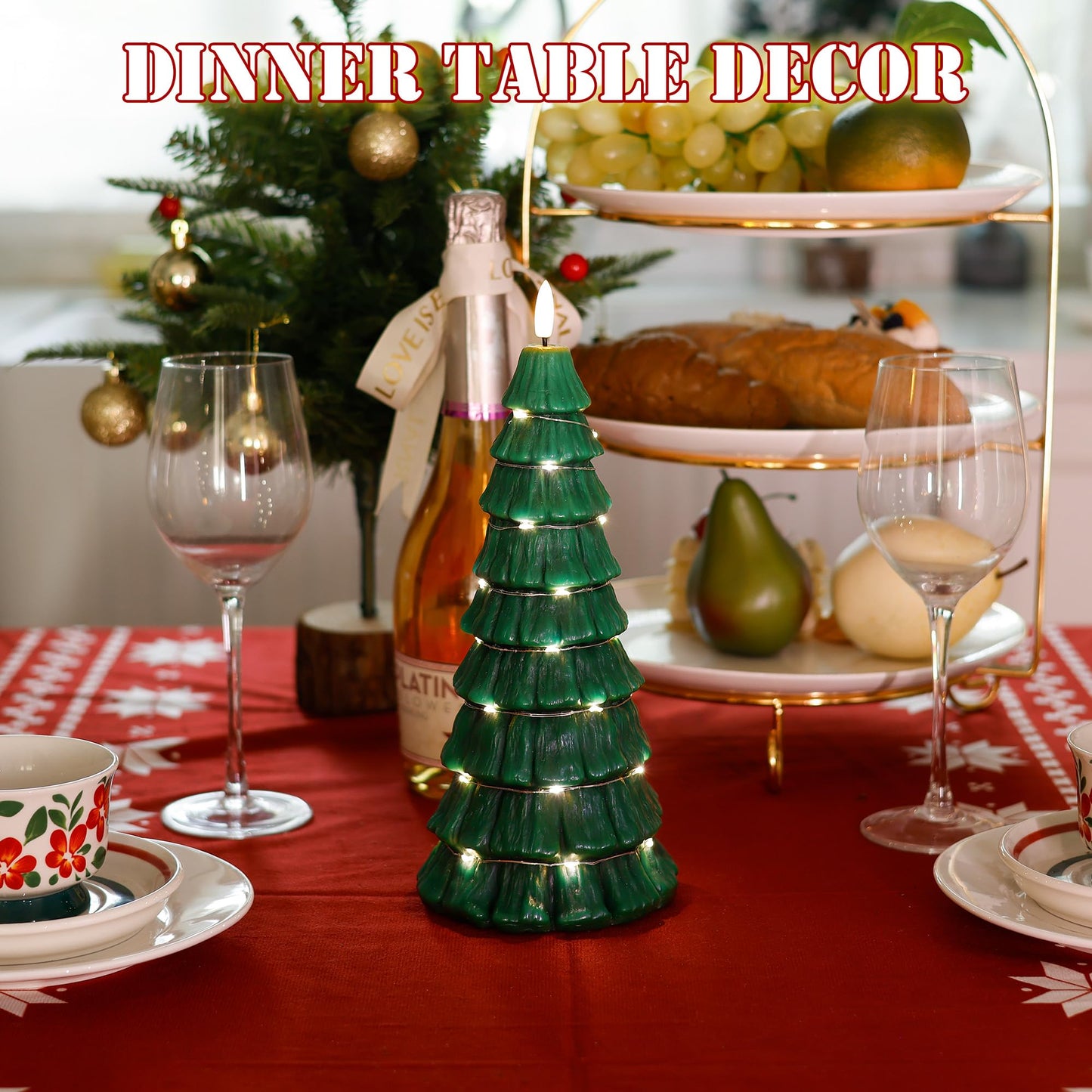 Flameless Christmas Tree Candles with Remote, 3D Flickering Flame Battery Operated LED Candle with Starlight String, Large Electric Tree Candles for Christmas Home Decor, Green