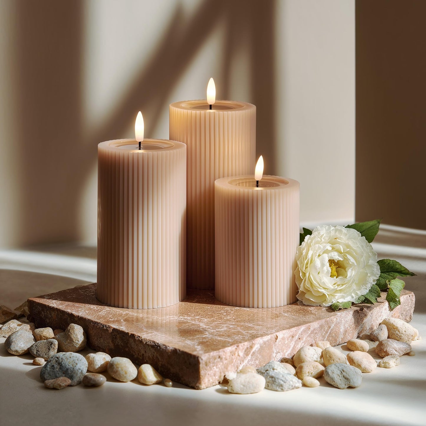 West Ivory Fluted Ribbed LED Pillar Candles, Blush Beige, with Reflective Melted-Wax Effect – Flickering Flame, Remote, Dimmable, Flameless, Battery Operated, Home & Wedding Decor (Set of 3)