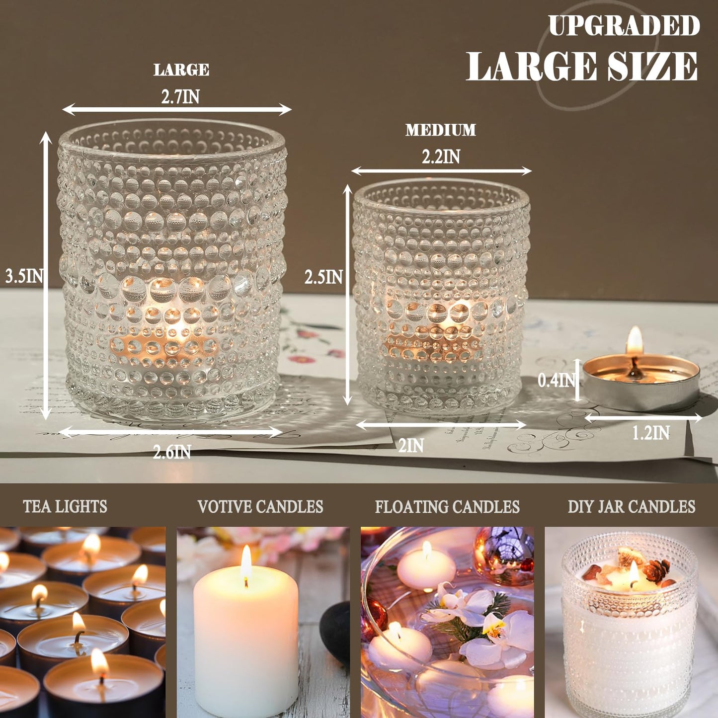 12pcs Large Votive Candle Holder, 2.7 * 3.5in Clear Glass Tea Light Candle Holders Bulk for DIY Wax Wedding Table Decor & Christmas Thanksgiving