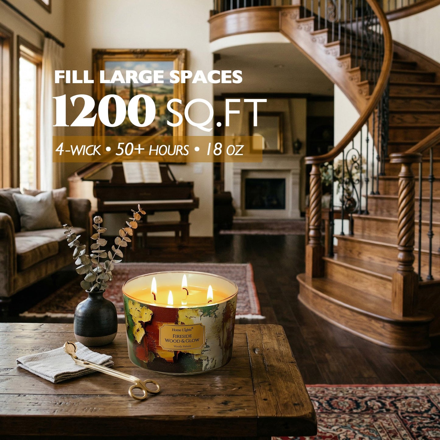 HomeLights 4-Wick Candles for Home Scented - 18oz Soy Wax Blend Candle Long-Lasting Fragrance, Industrial Chic Home Decor and Housewarming Gifts, Fireside Wood & Glow