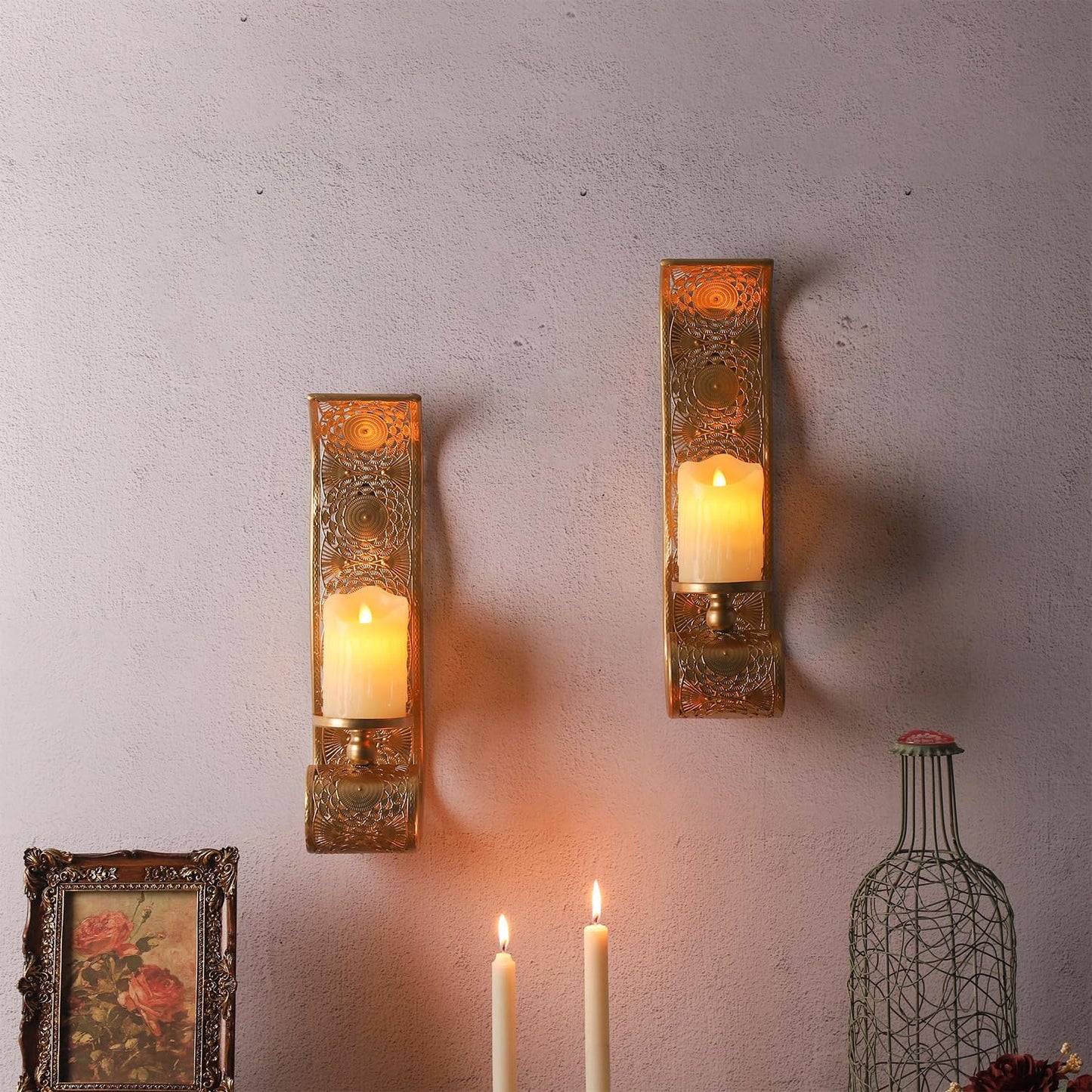 Capesaro Wall Candle Sconce Set of 2,Gold Metal Wall Mount Candle Holder，Spanish Baroque Hollow Carving Wall-Mounting Sconces for Living Room, Bathroom, Dining Areas,Hallways Decorations