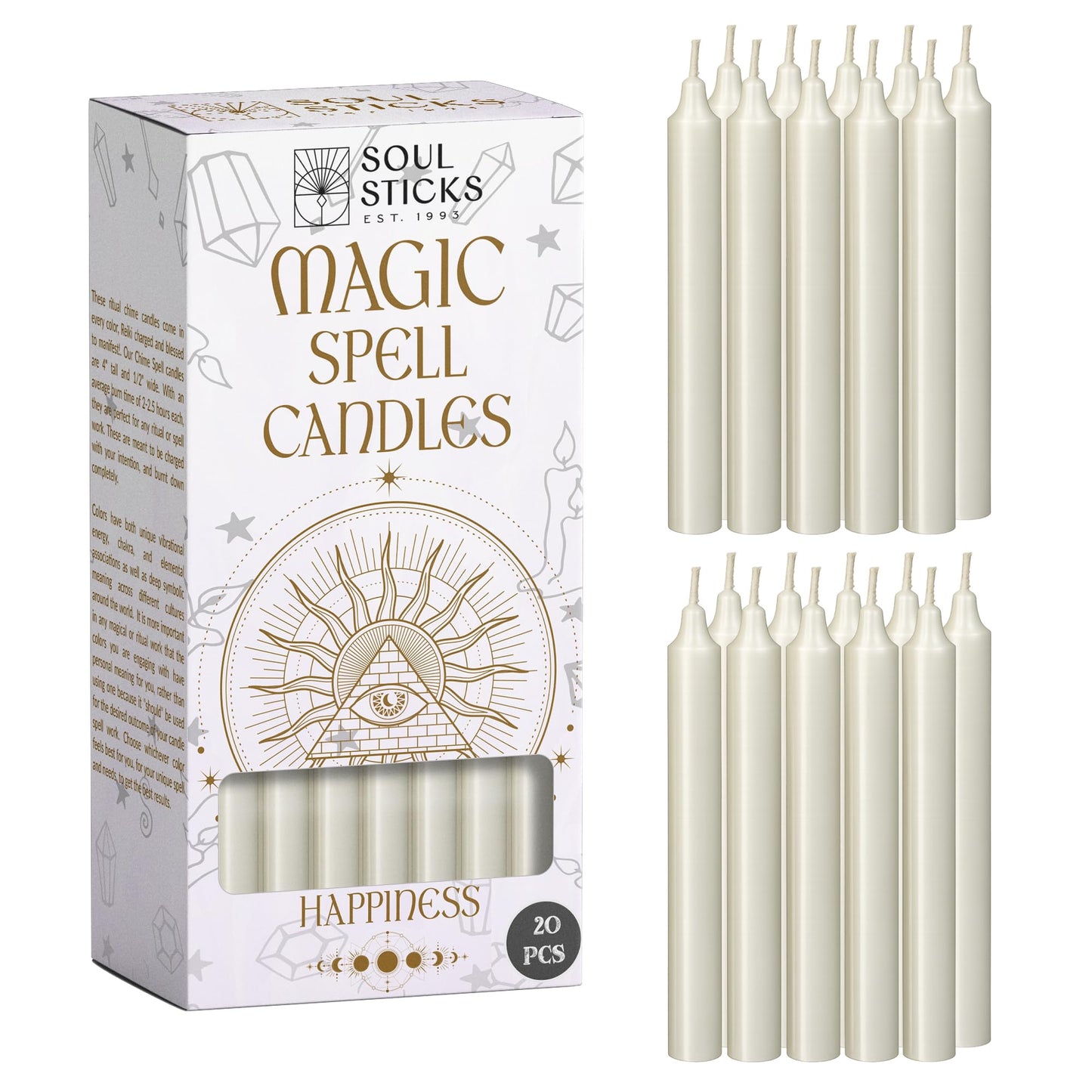 SOUL STICKS Happiness Magic Spell Chime Candles White Taper Candles 20 Pack - Taper Candle White for Altar, Rituals, Ceremonies, Meditation, Witchcraft Supplies, Wiccan, Candles Clearance