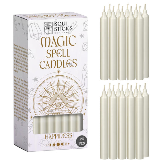 SOUL STICKS Happiness Magic Spell Chime Candles White Taper Candles 20 Pack - Taper Candle White for Altar, Rituals, Ceremonies, Meditation, Witchcraft Supplies, Wiccan, Candles Clearance