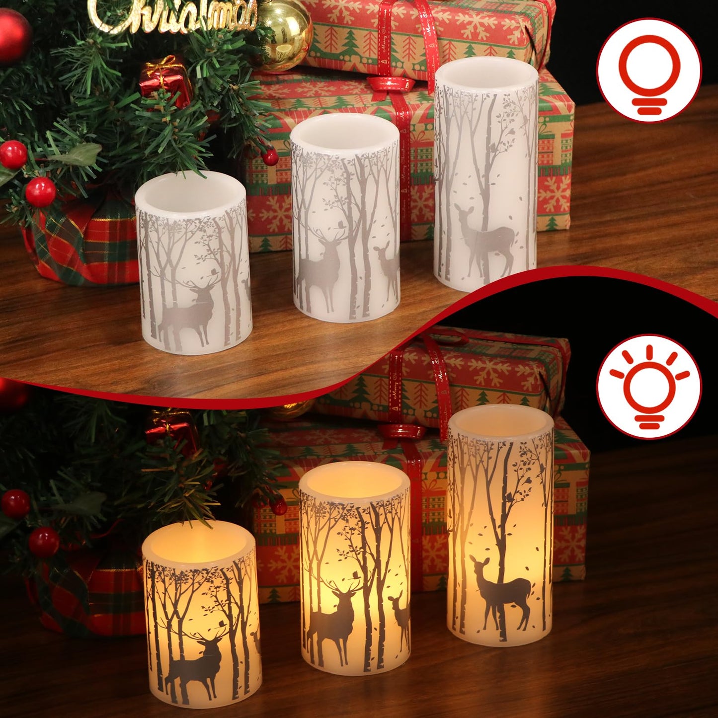 DRomance Silver Deer Flameless Flickering Candles Battery Operated with 6H Timer, 3 Pack Real Wax Warm Light LED Pillar Candles Dinner Tabletop Holiday Centerpiece Decor 3" x 6"