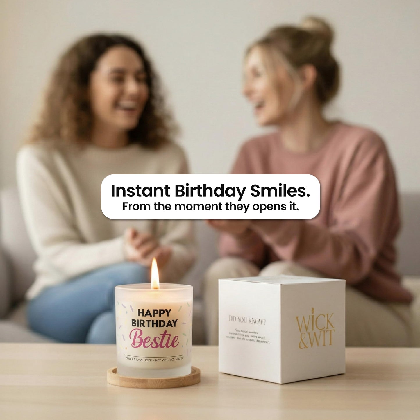 Bestie Birthday Gifts for Women - Happy Birthday Bestie Gifts for Women with Sprinkles Friendship Soy Candle Gift Set for BFF Sister Coworker Vanilla Lavender Candle Ready to Gift Box by Wick and Wit