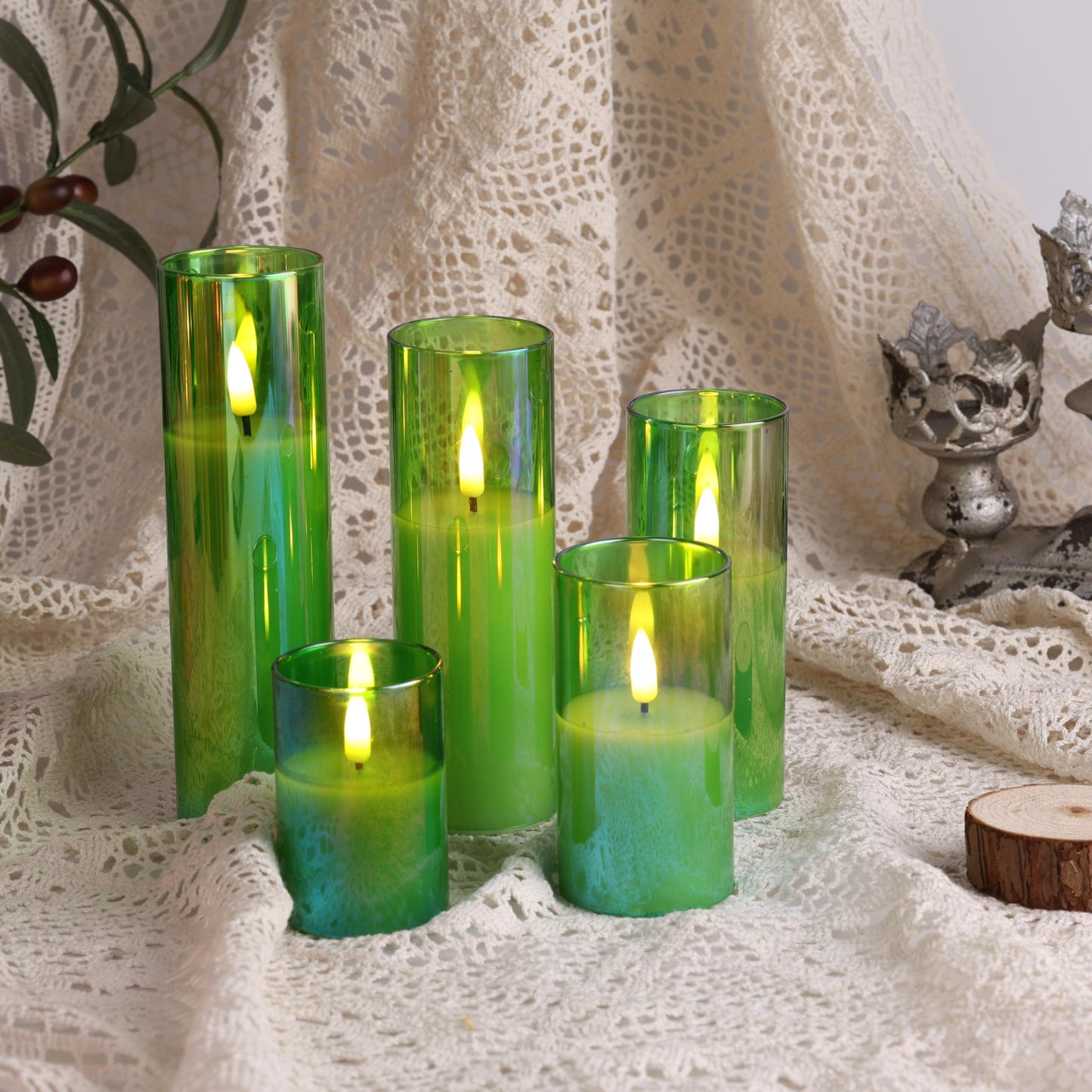 Eywamage Green Glass Flameless Candles with Remote Batteries, LED Pillar Candles Flickering Spring Home Decor Set of 5