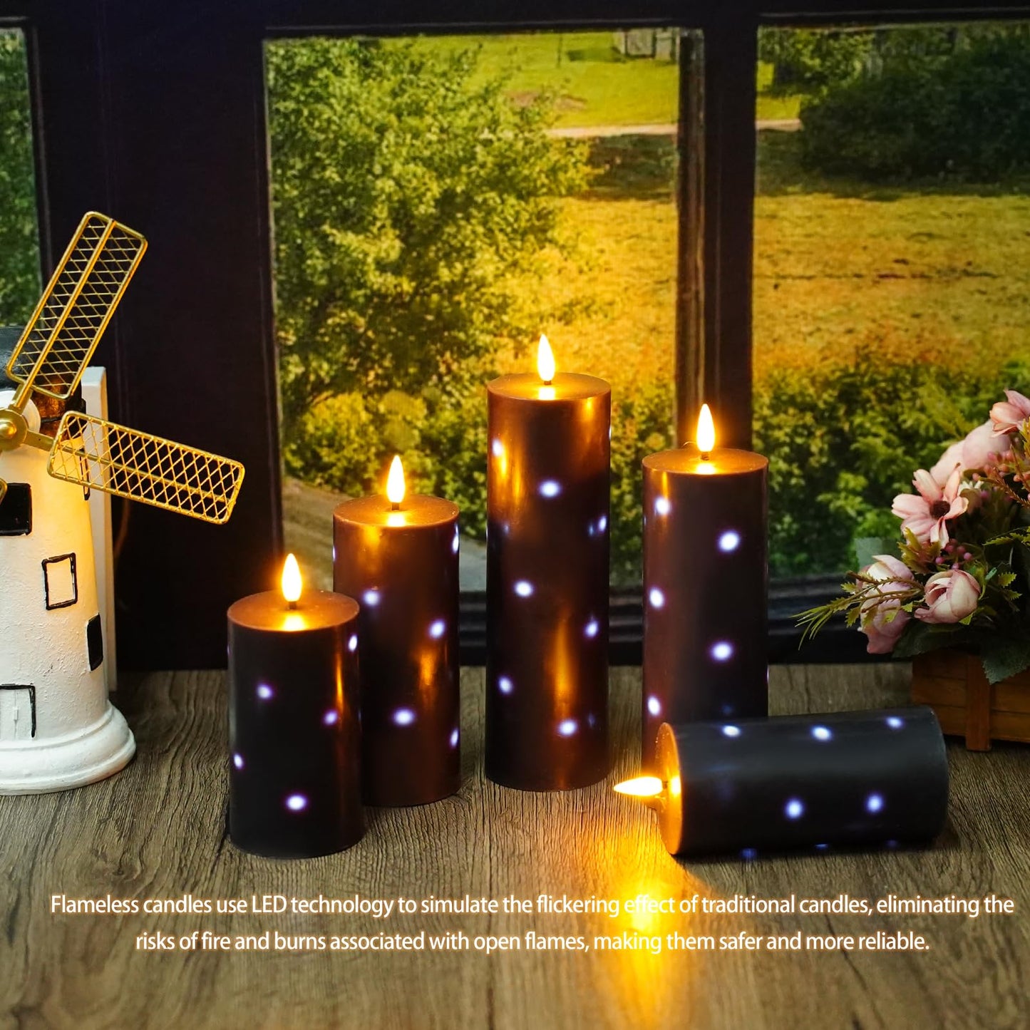 Nimiko Flickering Flameless Candles with Remote Control and Timer Set of 5 Pc Real Wax LED Pillar Candles, Battery Operated Candles（D2.2×H5/5.5"/6"/7"/8"） Halloween Decorations Home Decor （Black）