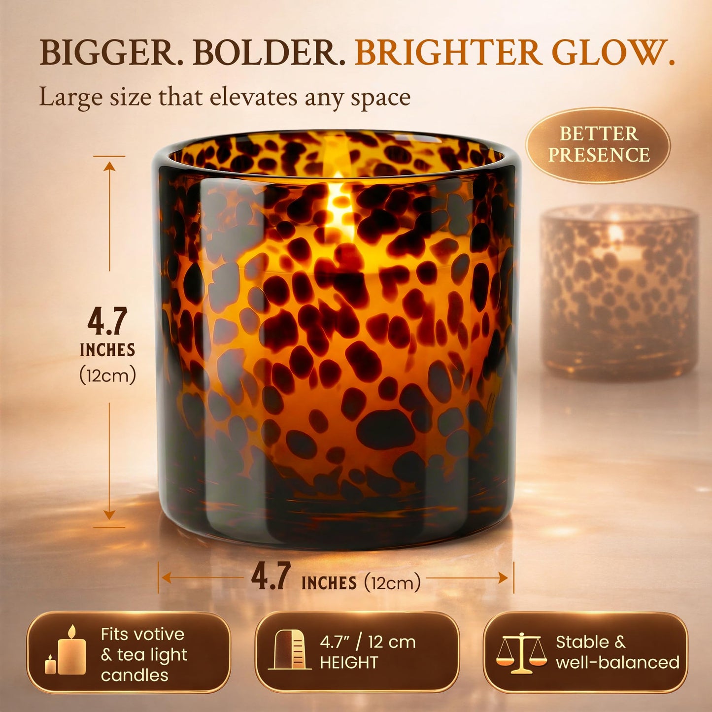 Tortoise Shell Candle Holder | Large Size 4.7" | Cheetah & Leopard Print Candle Holder | Large Amber Glass Votive for Vanity | Animal Pattern Glass Decor | Tea Light, Jar Candle & Vanity Accent