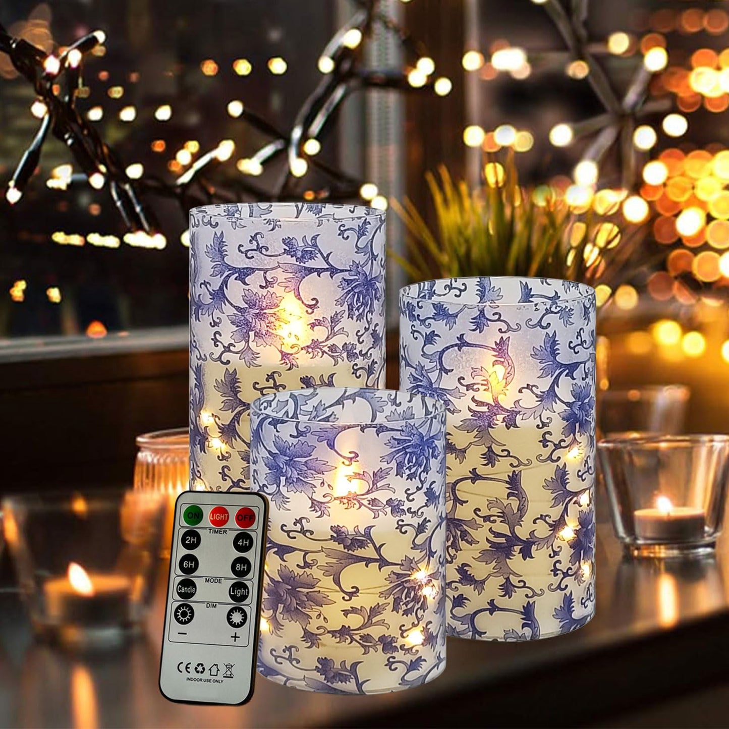 Flickering Flameless Candles Blue and White Porcelain Print, Embedded Star String Lights, Battery Operated Acrylic LED Pillar Candles with 11-Key Remote and Timer for Home Decoration, 3 Pack