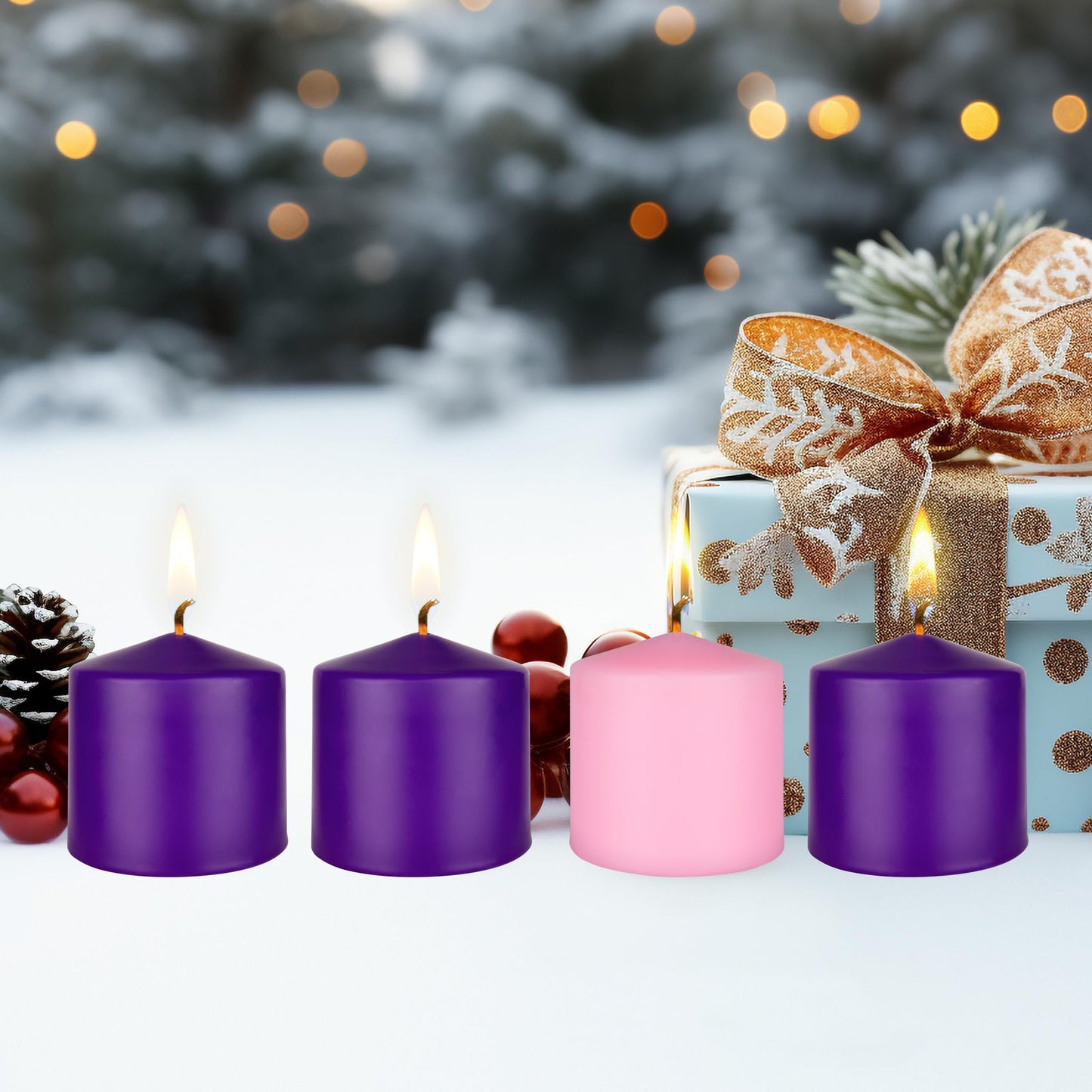 Mega Candles 4 pcs Unscented Christmas Advent Candles Set, Hand Poured Premium Wax Dome Top Round Pillar Candle 3 Inch x 3 Inch, Holidays, Festivities, Devotional, Church, Wreath, Party, Gifts