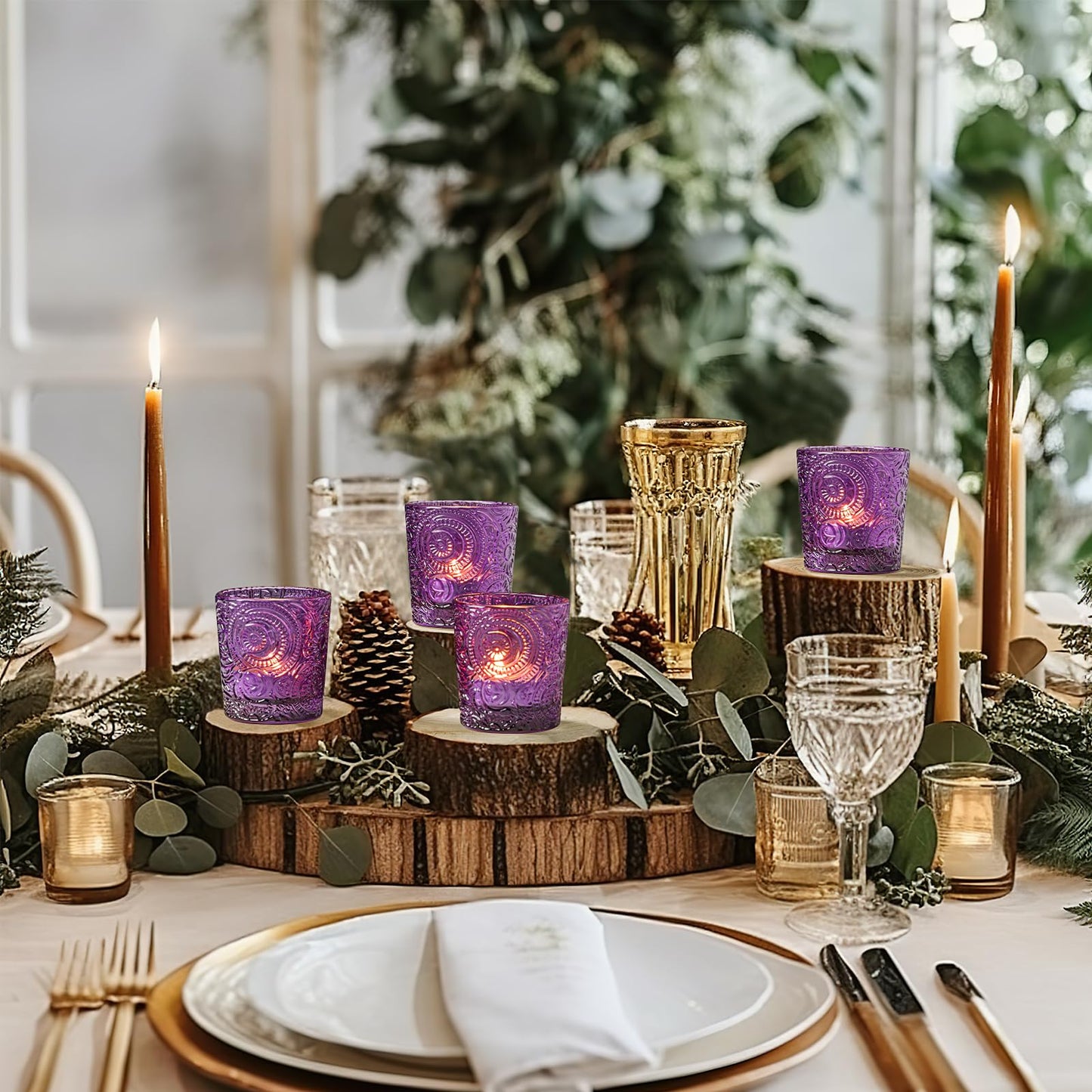 6 Pack Sun Moon Star Embossed Glass Tea Light Candle Holders - Votive Candle Holders for Wedding, Party, Home Decor, and Table Centerpieces (Amethyst Purple)