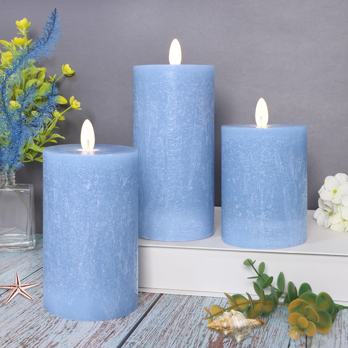 Seaglass Battery Flameless LED Candle, Silver Blue Flickering Pillar Timer, Remote Control, Unscented Real Wax