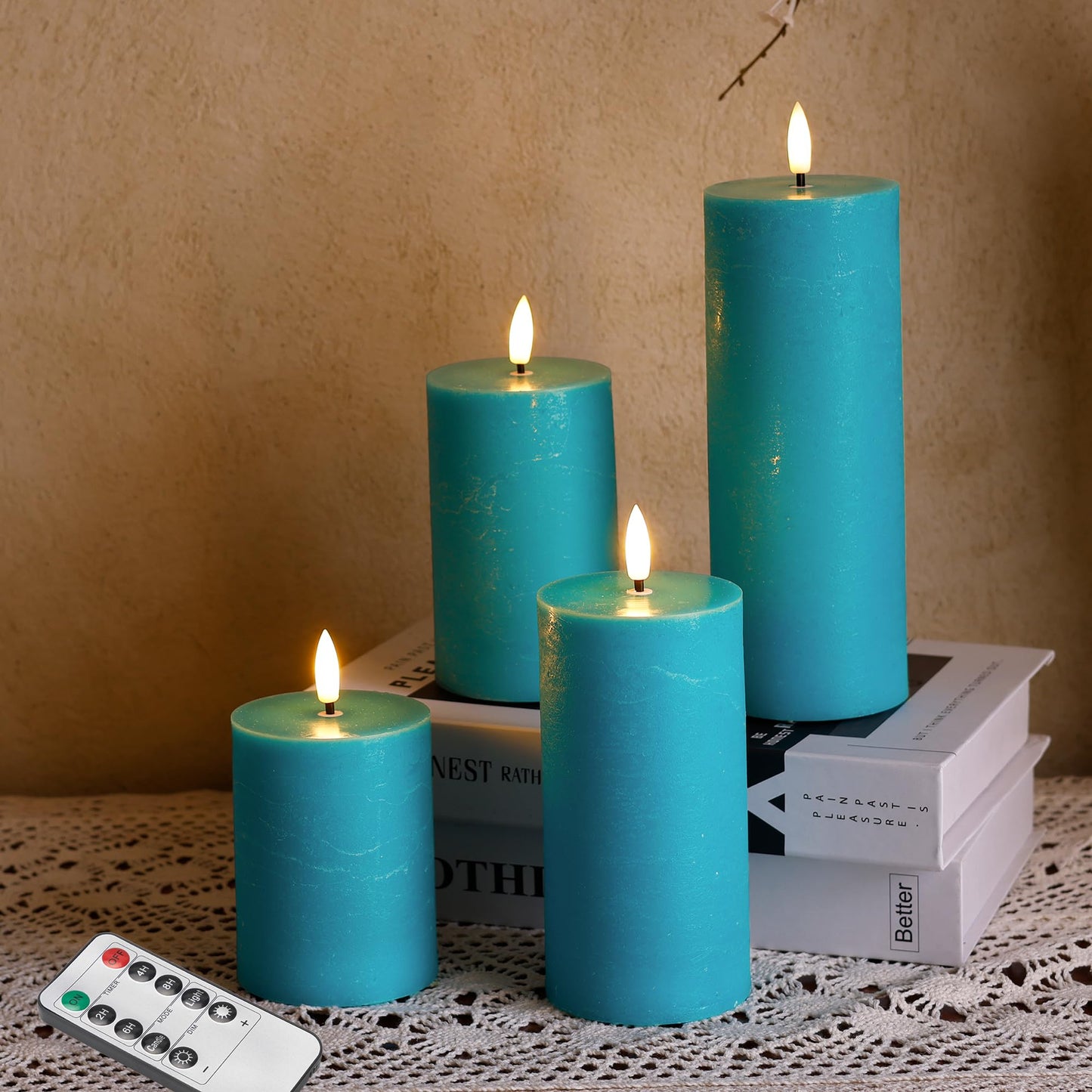 AFINETH Teal Flameless Pillar Candles, Battery Operated Candles with Remote, Real Wax Flickering LED Candles for Home Party Wedding Holiday Decor, Set of 4, Φ 3" H 4" 5" 6" 8"