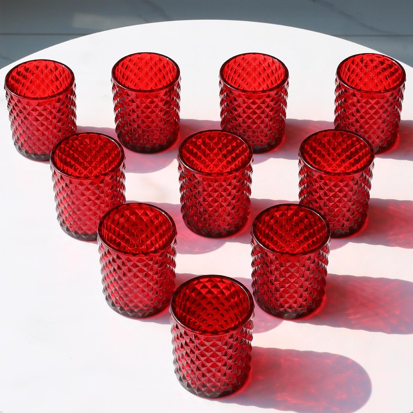 Woho Red Votive Candle Holders Bulk Set of 12, Glass Tea Lights Candle Holder for Wedding Table Centerpiece, Studded Diamond Tealight Candle Holder for Christmas Party Holiday Home Decor