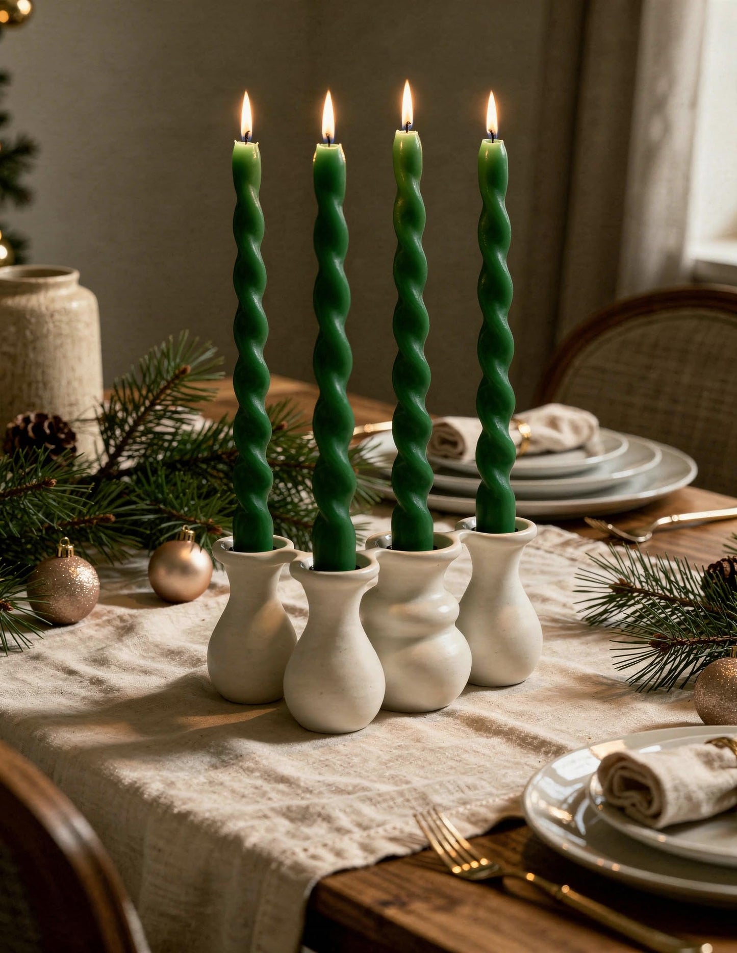 Viyffo Spiral Taper Candles 12 Inch – 4 Pack Dark Green, Dripless, Unscented, Smokeless – 9 Hour Burn – Tall Candlesticks for Wedding, Dinner, Holiday, Party, Home Decor