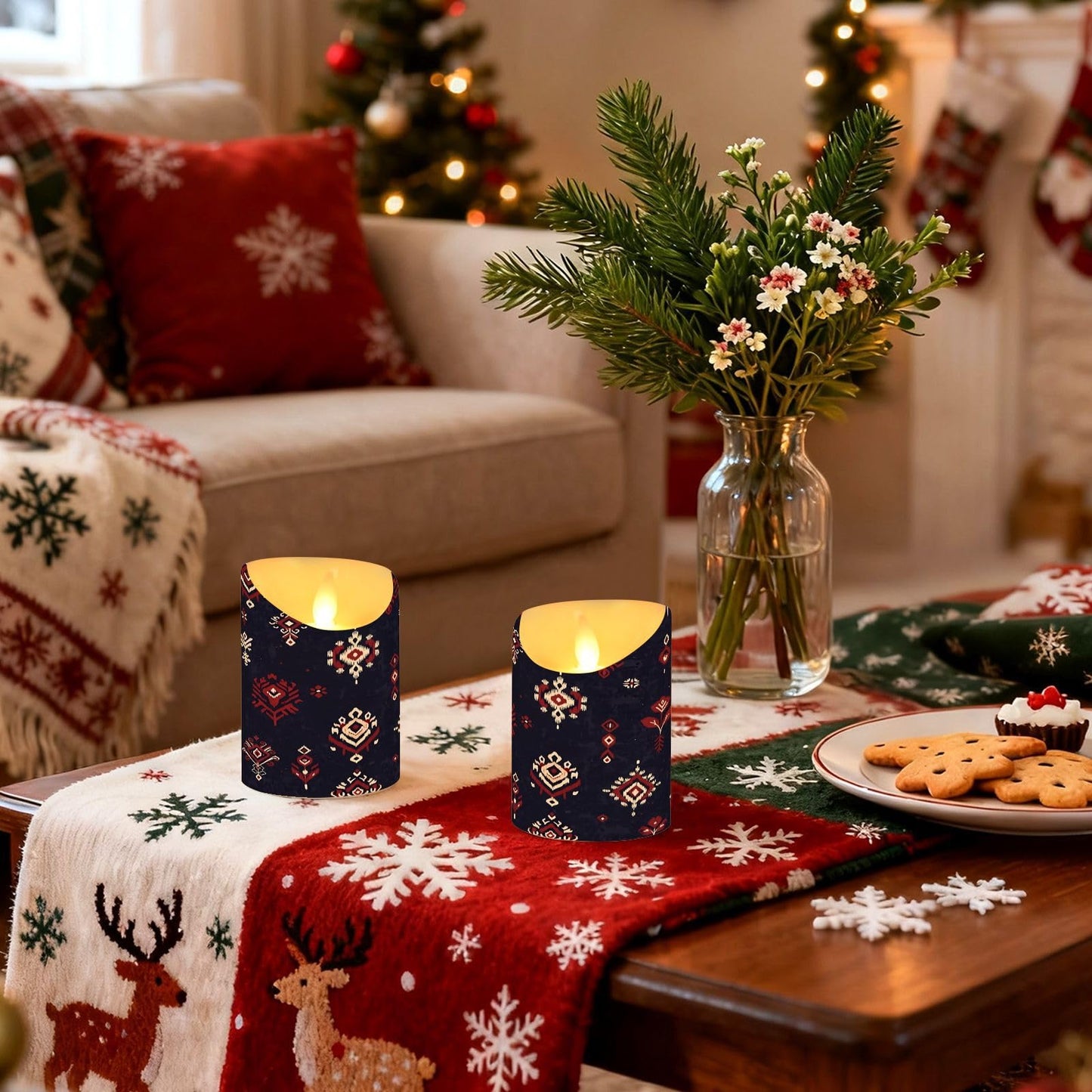 Gravopti Tribal Ikat 2 Pack Flameless LED Pillar Candles with Remote & Timer, Battery Operated, Flickering Wax Candle for Wedding, Romantic Home & Party Decor