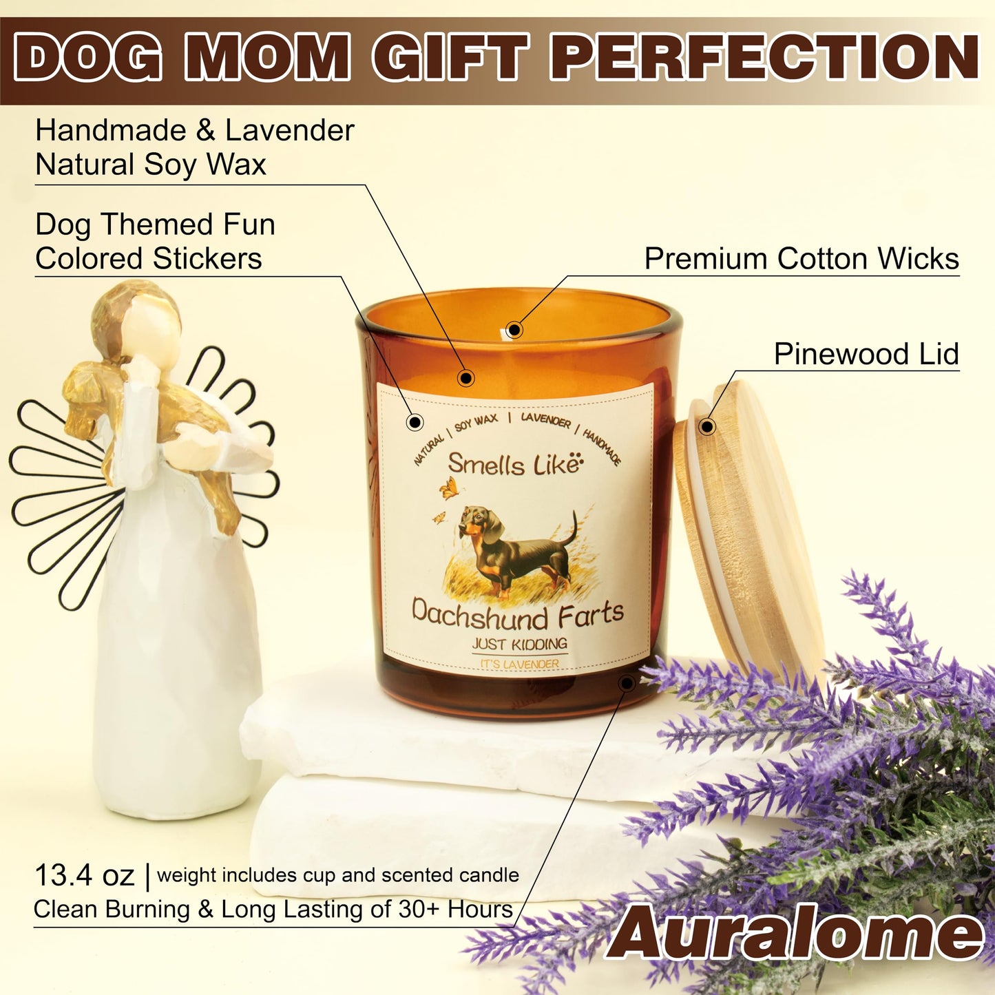 Auralome Dachshund Gifts for Women - Dog Mom Candles Lavender Natural Weiner Dog Farts Candles Pet Friendly Safe Scented Candle Themed Gifts for Women Soy Wax Present Idea for Pet Lovers Decor