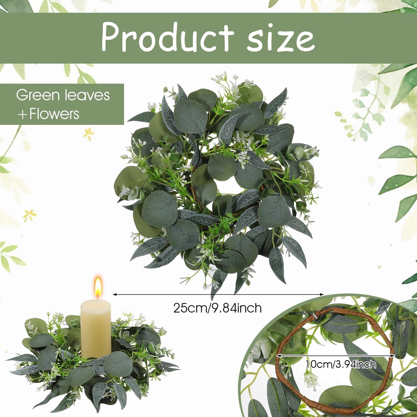 4 Pcs Eucalyptus Candle Rings Wreaths 4 Inch Center Mini Artificial Green Floral Leaves Wreaths Pillar Holder Centerpiece for Wedding Party Home Door Window Wall Farmhouse Decoration