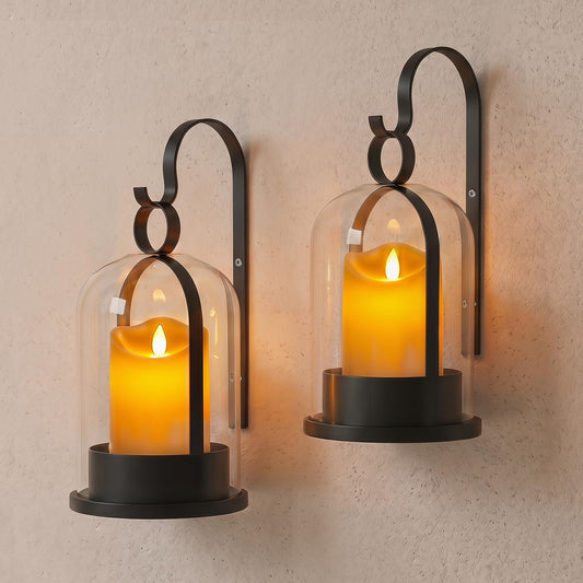 Black Glass Lanterns Wall Candle Sconces Set of Two, Vintage Metal Hurricane Wall Candle Holders Decorative, Hanging Lantern Rustic Farmhouse Decor for Home Bedroom, Hallway, Living Room