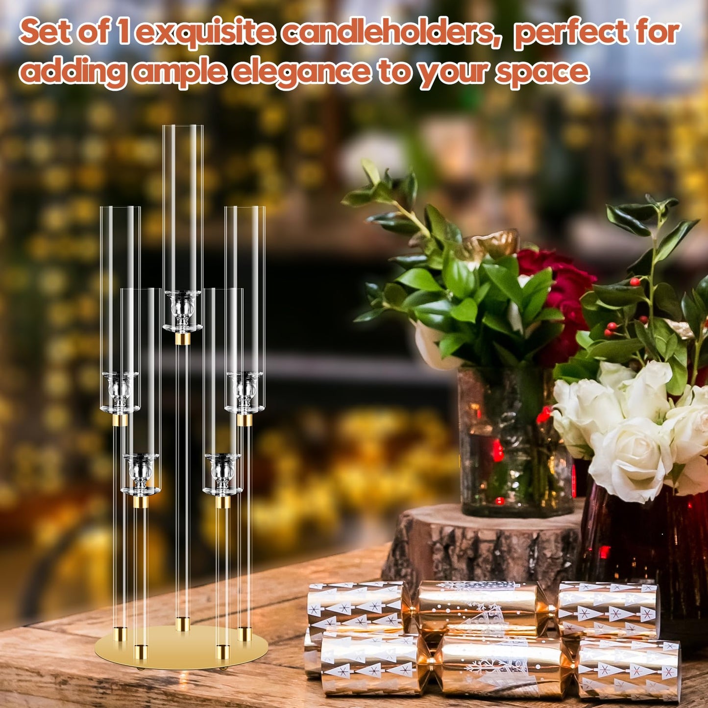 5 Arm Gold Candle Holder, Mjkeomo 26'' Tall Candelabra Centerpieces for Tables Clear Candlesticks Holder for Housewarming Gift Fireplace Halloween Christmas Wedding Decor Fit 0.82'' LED Candle