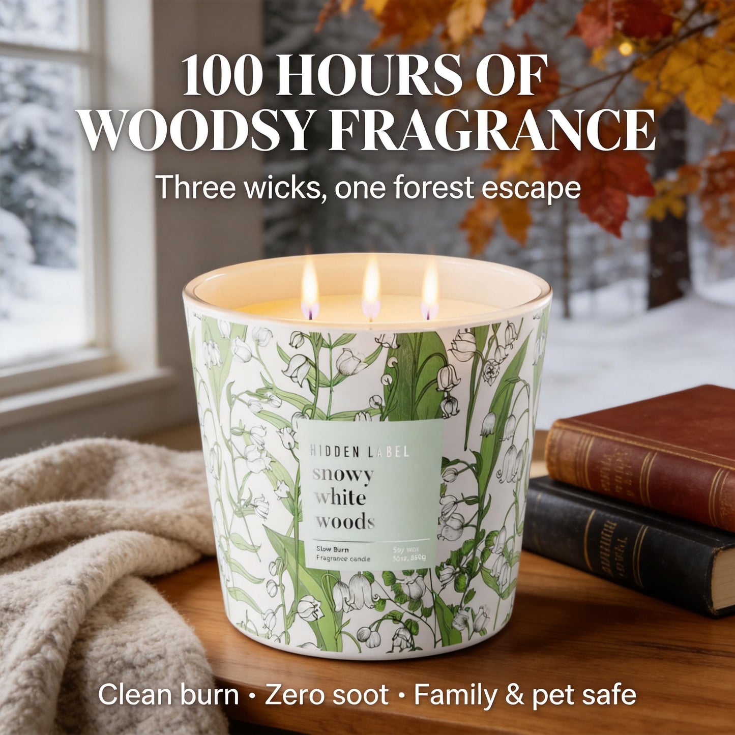Hidden Label Snowy White Woods Candle, Giant 30oz 3 Wick Soy Candles Non Toxic, Scented Candle White Aromatherapy for Home, 100H Long Lasting Luxury Candles GIF