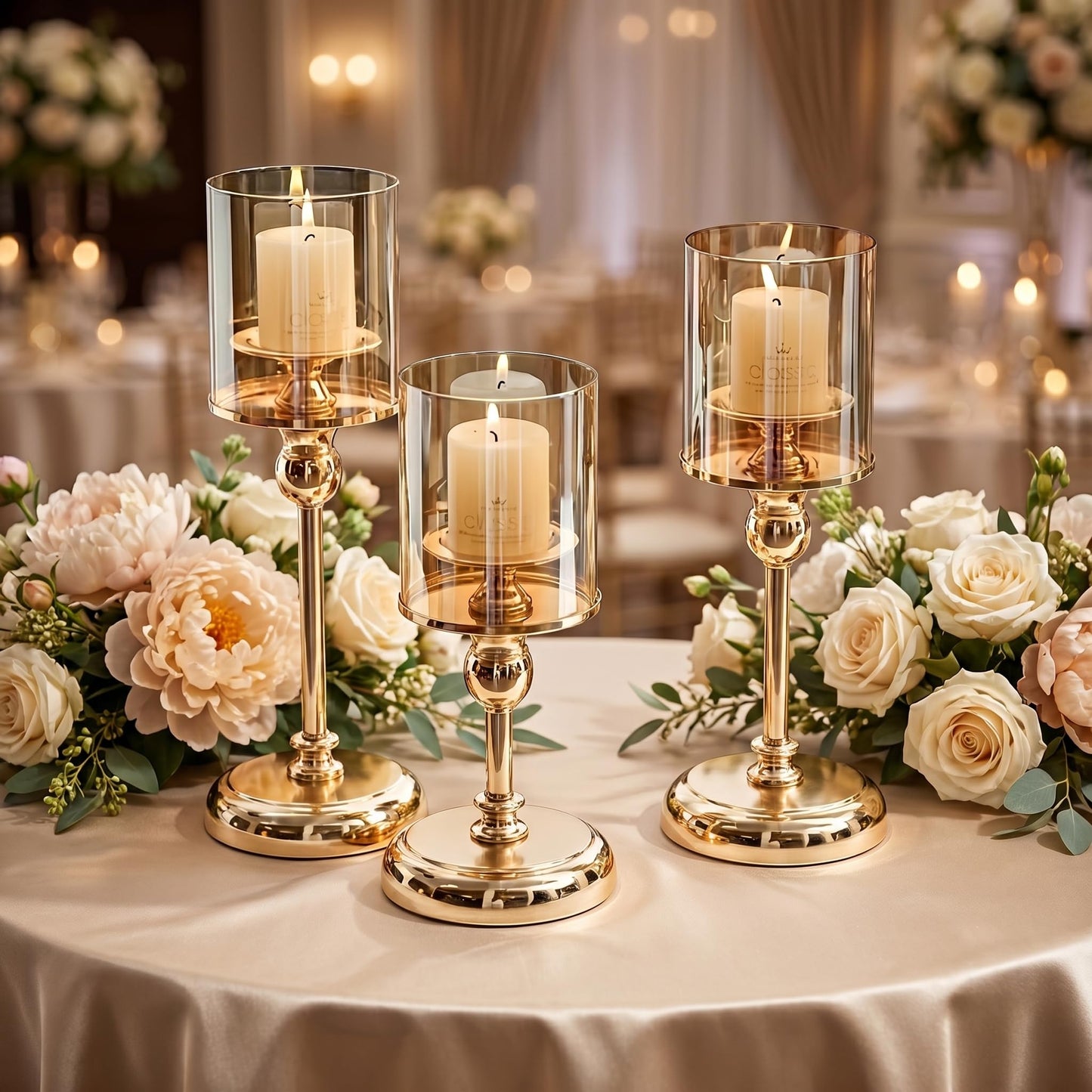 Oakernel Gold Hurricane Candle Holders - Set of 3 Tall Candlestick Holders Windproof Taper Candle Holders, Metal Stand for Table Centerpiece Outdoor Indoor Wedding Party Holiday Decor