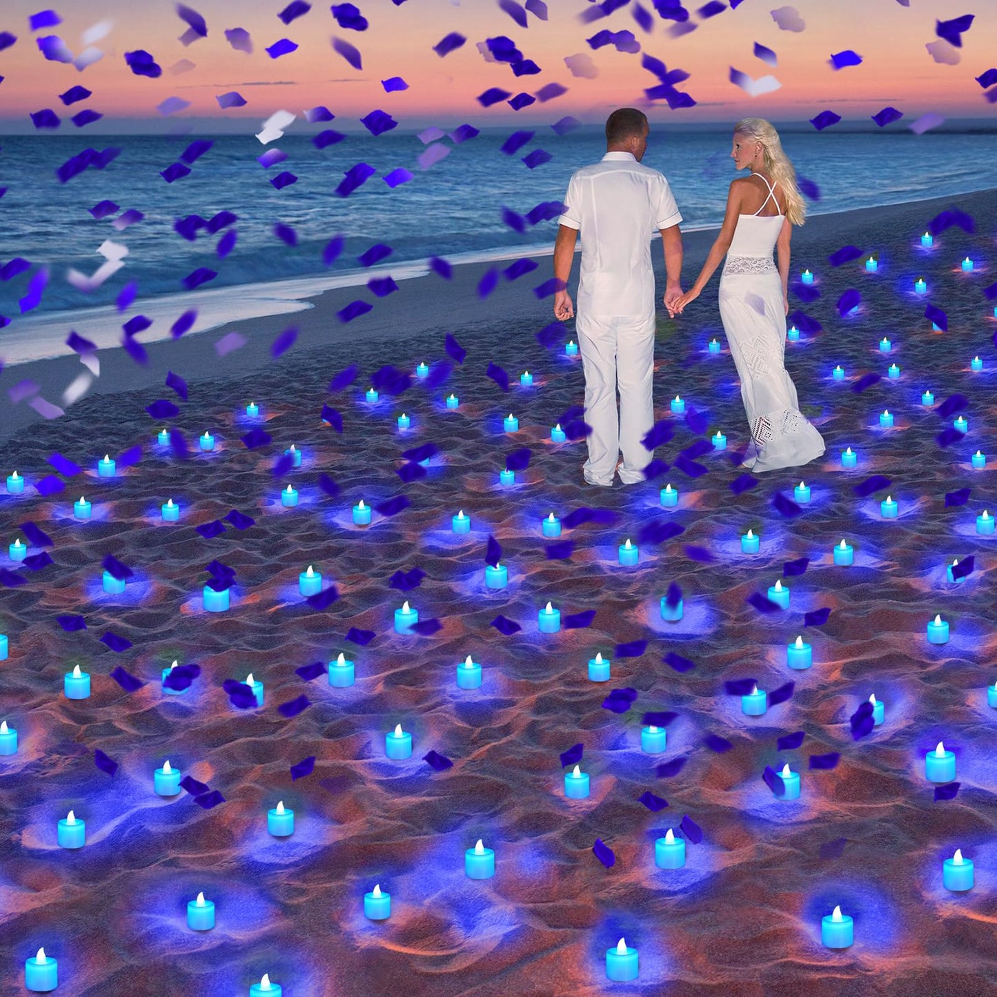 Coume 6000 Pcs Artificial Rose Petals with 72 Pcs Flameless LED Candles Romantic Decorations Fake Candles Happy Anniversary Decorations for Wedding Night (Blue, Blue Series Petal)