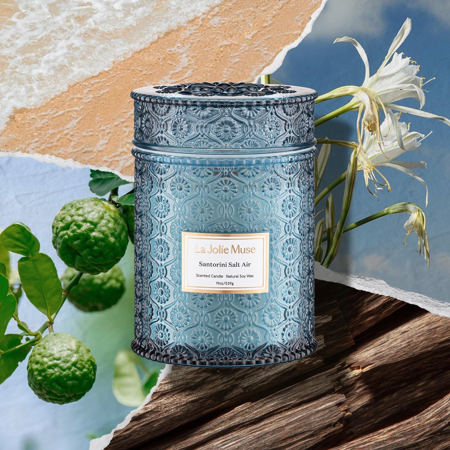 LA JOLIE MUSE Santorini Salt Air Candle - Bergamot, Sea Daffodil, Sandalwood | 19 oz Large Wooden Wick Candle | Natural Soy Wax | 90 Hours Clean Burn | Ocean Scented Candle