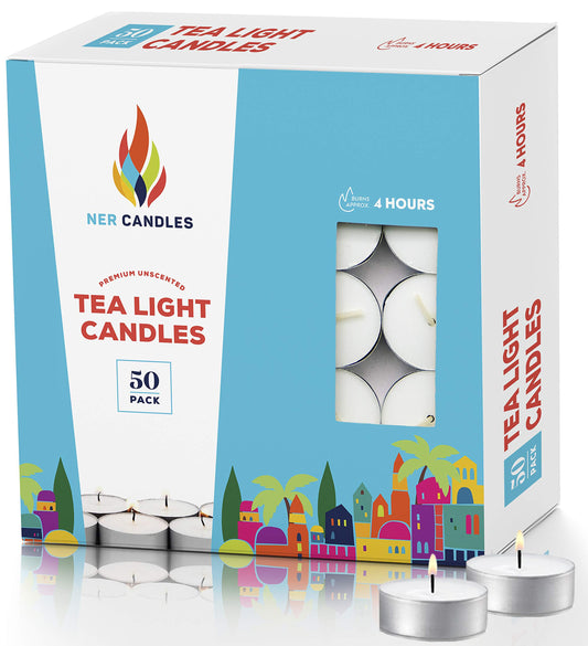 50 Unscented Tea Lights Candles White, Smokeless, Dripless & Long Lasting Paraffin Small Votive Mini Tealight Candle for Home, Pool, Shabbat, Weddings & Emergencies (50-Pack)