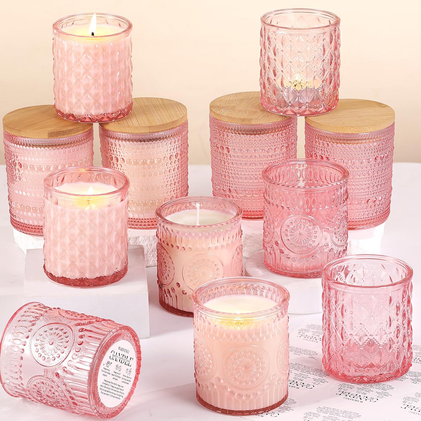 DARJEN 12 Pack Pink Candle Jars for Making Candles- 3 Styles Glass Candle Making Jars Bulk with Bamboo Lids and Labels, Candle Making Supplies Candle Vessels for DIY Gifts