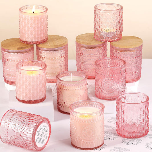 DARJEN 12 Pack Pink Candle Jars for Making Candles- 3 Styles Glass Candle Making Jars Bulk with Bamboo Lids and Labels, Candle Making Supplies Candle Vessels for DIY Gifts