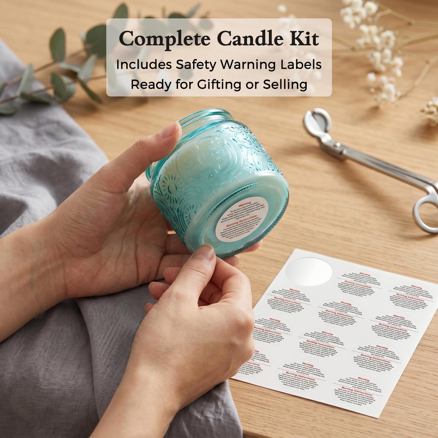 18-Pack 4oz Embossed Glass Candle Jars with Lids and Labels - Sun Moon Stars Design (Blue)