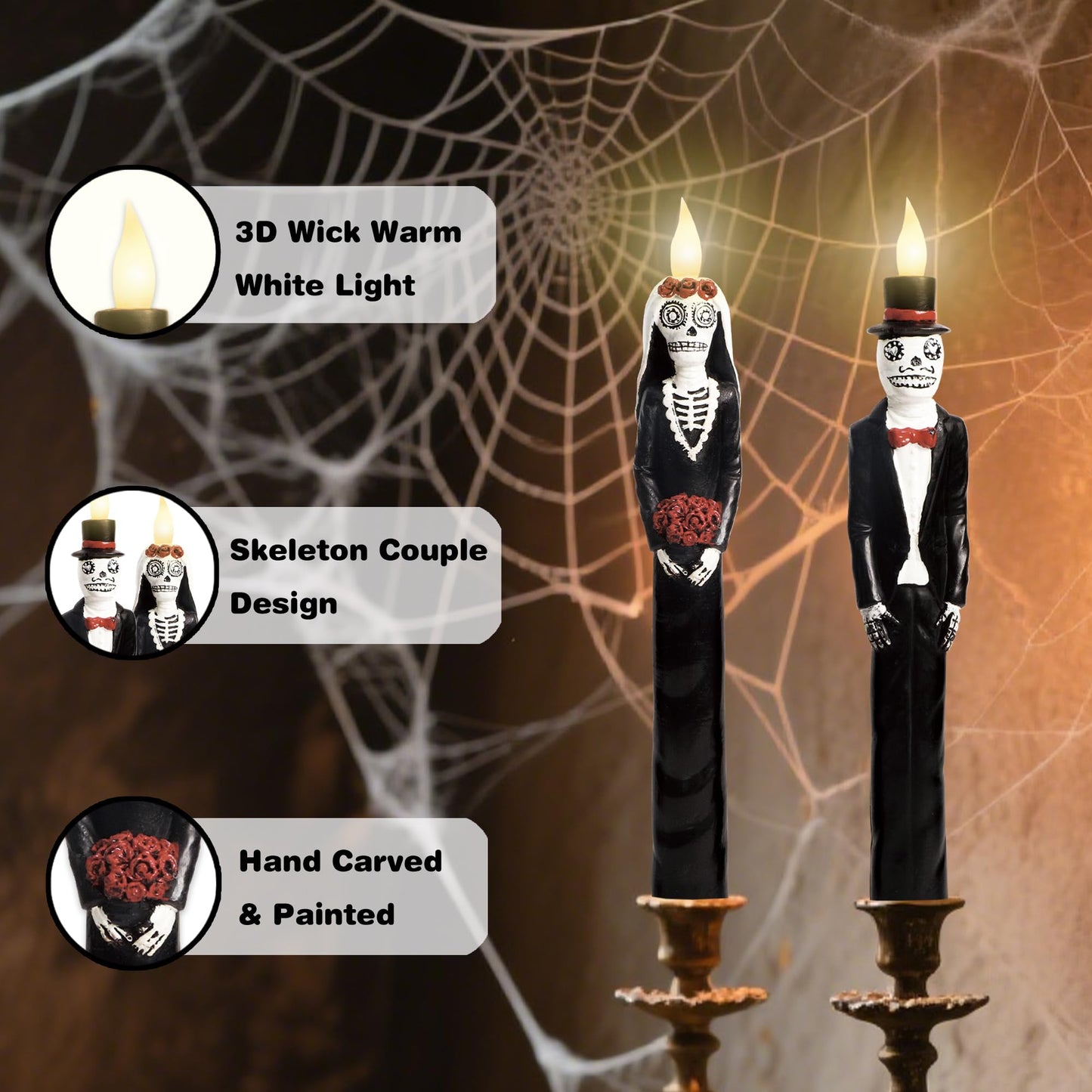 Black Flameless Taper Candles with Remote Battery Operated CandleSticks Flickering Light Set of 2 Real Wax Handmade Skeleton Couple LED Window Candles for Halloween Horror Party Gothic Wedding Decor