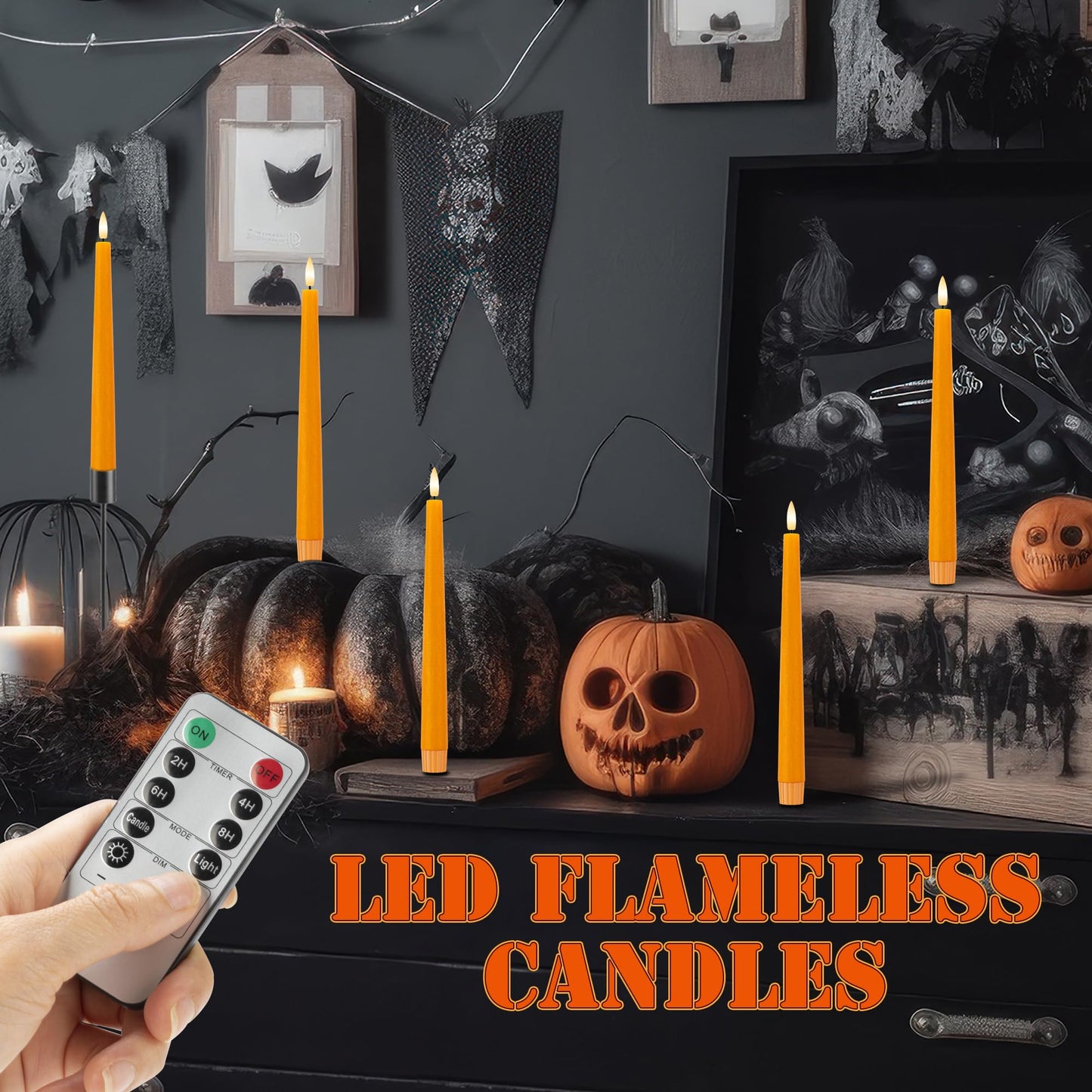 Orange Flameless Taper Candles, 9.6" Halloween Battery Operated Candles with Two Remote, Real Wax Fall Led Candlesticks, Flickering Flameless Candle for Fall, Thanksgiving, Harvest, Halloween, 6 Pack