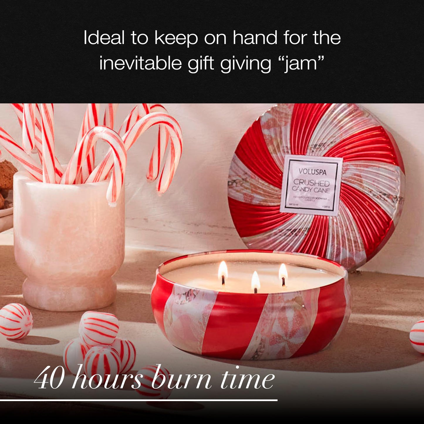 Voluspa Crushed Candy Cane, 3 Wick Tin Candle, 12 oz, 40 Hour Burn Time, Coconut Wax for Clean Burning, Handcrafted in the USA