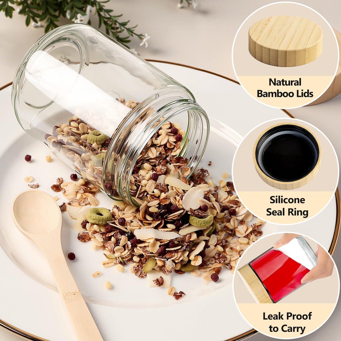 TBWIND 4 Pack 16oz Glass Jars with Bamboo Lids, Spoons, Airtight Overnight Oats Containers, Wide Mouth Mason Jars, Food Storage Container for Yogurt Salad Snacks Spice Sugar Meal Prep – Reusable