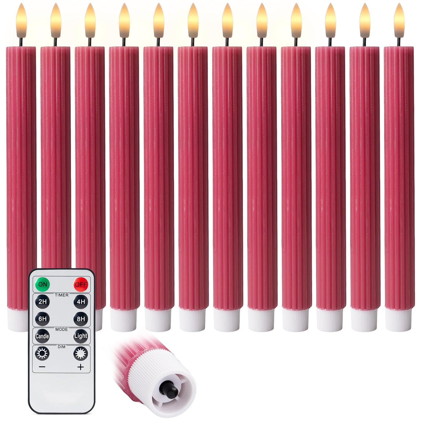 West Ivory 12 Pack, 10" LED Flameless Pink Fluted Ribbed Grooved Taper Candles with 2 Remotes & 24h Timer Memory, On/Off Button, Dimmable, Flicker Mode, Battery Operated, Christmas Menorah Wedding