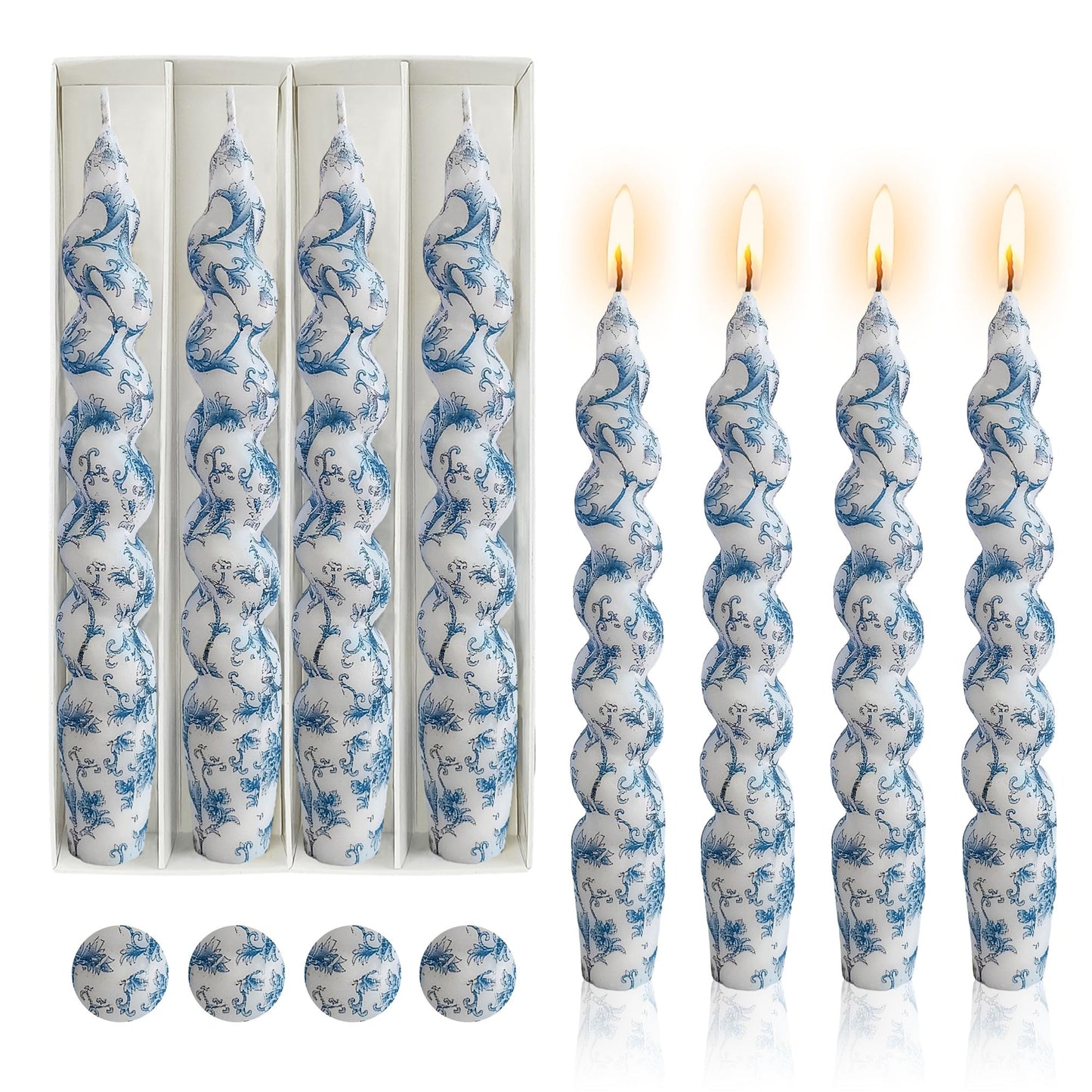 Gedengni Spiral Candle Sticks Printed Candlestick,Set of 4 Long Taper Candle Colorful Twisted Candlesticks 10 inches Blue Flower Tapered Candles for Home Wedding Women Gifts (2D4T-BLUFLW)