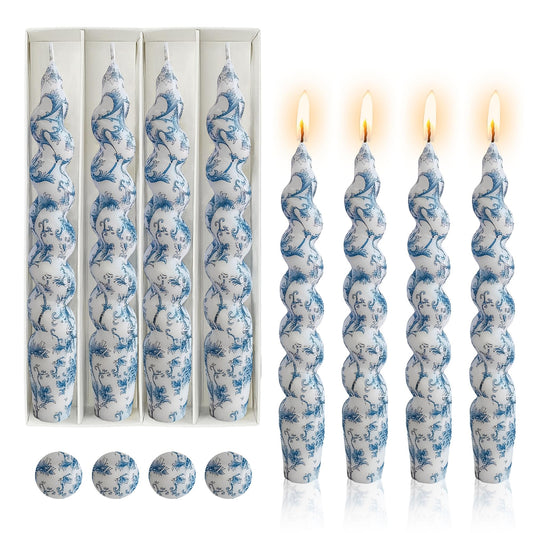 Gedengni Spiral Candle Sticks Printed Candlestick,Set of 4 Long Taper Candle Colorful Twisted Candlesticks 10 inches Blue Flower Tapered Candles for Home Wedding Women Gifts (2D4T-BLUFLW)